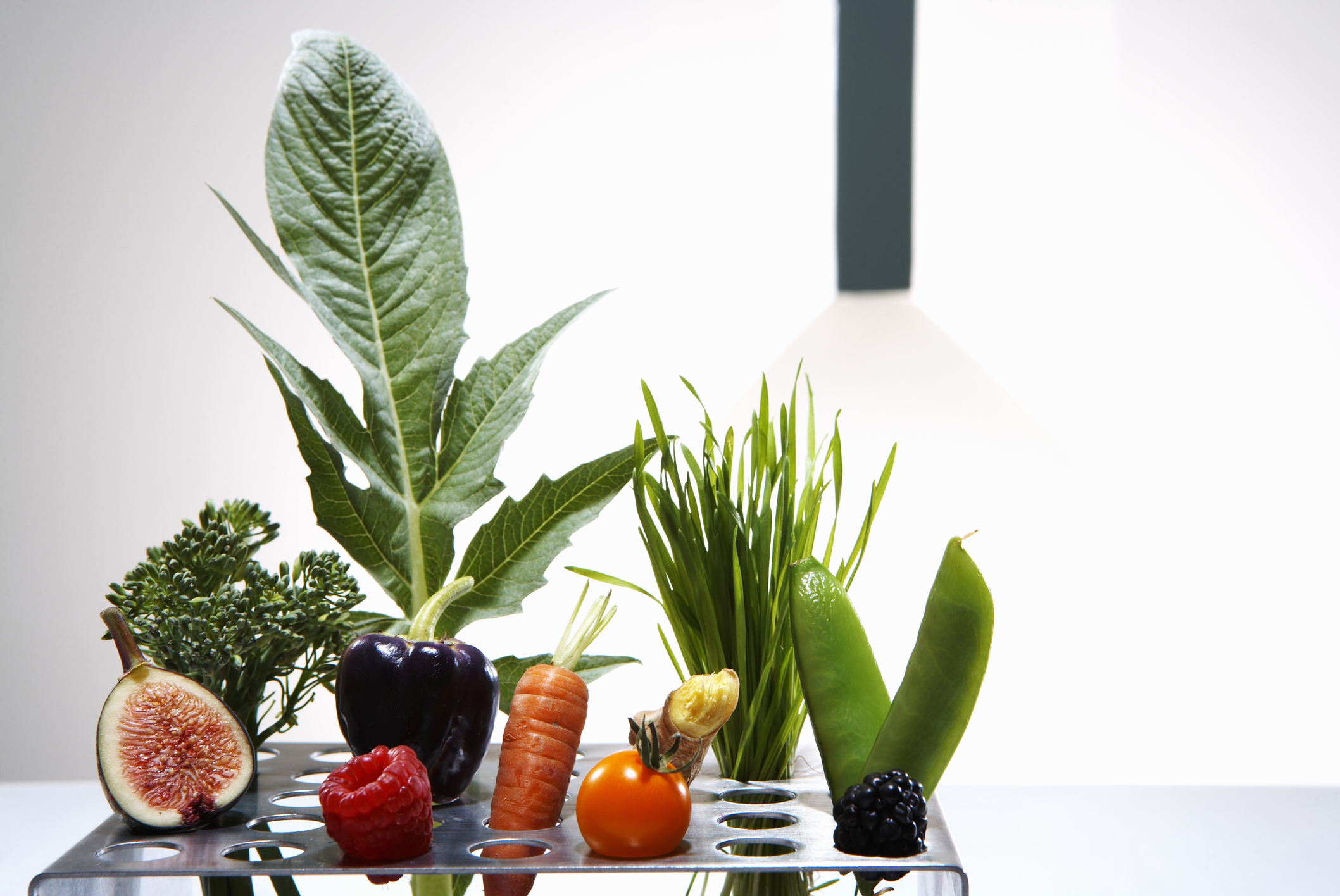 A silver tray stand with a half of fig, raspberry, carrot, orange tomato, purple bell pepper, two beans, and three different types of leafy greens 